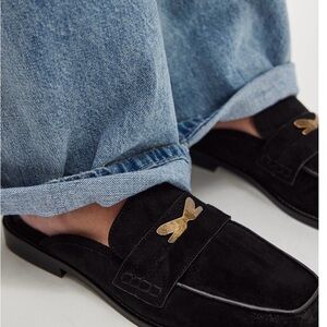 Free People Black Suede Loafers with Gold Accent